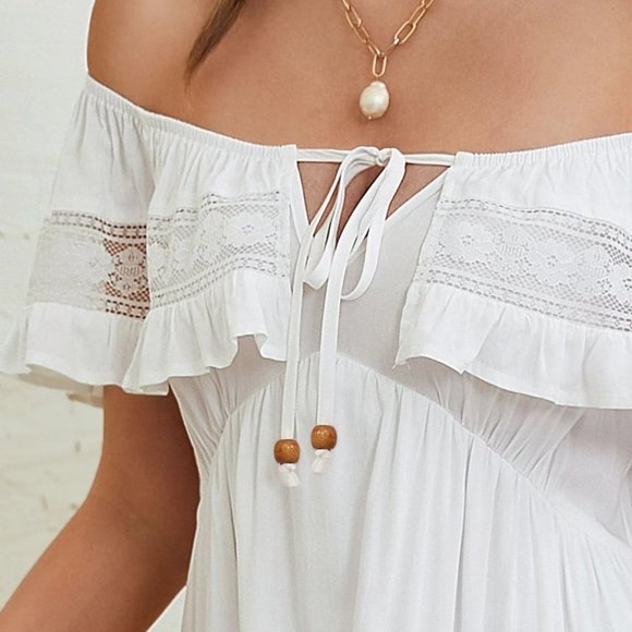 WHITE Tie Front Ruffle Trim Off Shoulder Dress - Picture 5 of 7